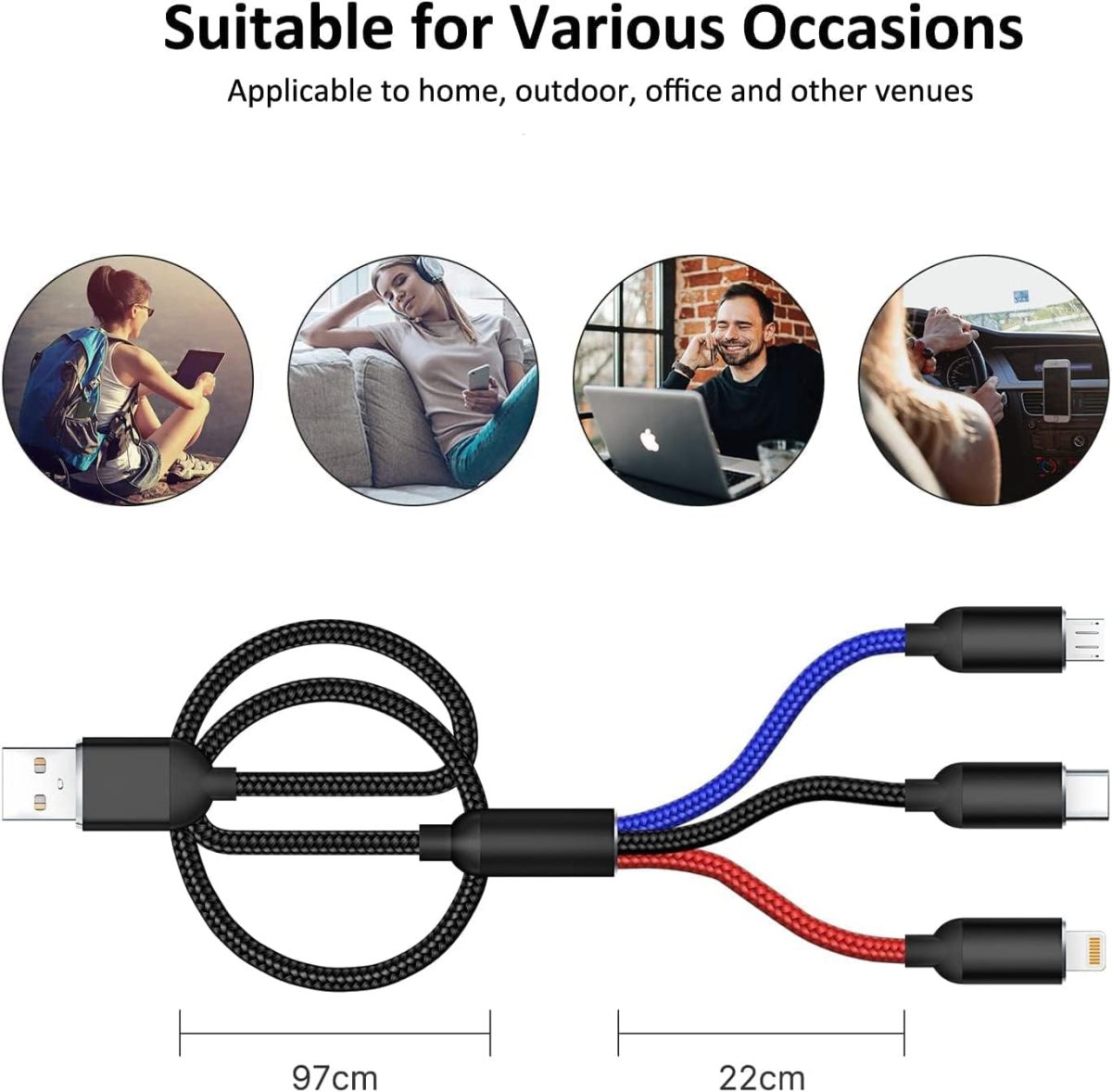 ⁦كيبل USB 3 في 1 متعدد الشحن بتصنيف IP لمقاومة المياه والغبار من ايونيس، كيبل مايكرو USB، سلك شحن سريع متوافق مع ايفون 13 12 11 جالكسي اس 20 اس 10 اس 9 اس 8 اس 7 مايكرو يو اس بي اندرويد⁩ - الصورة ⁦8⁩