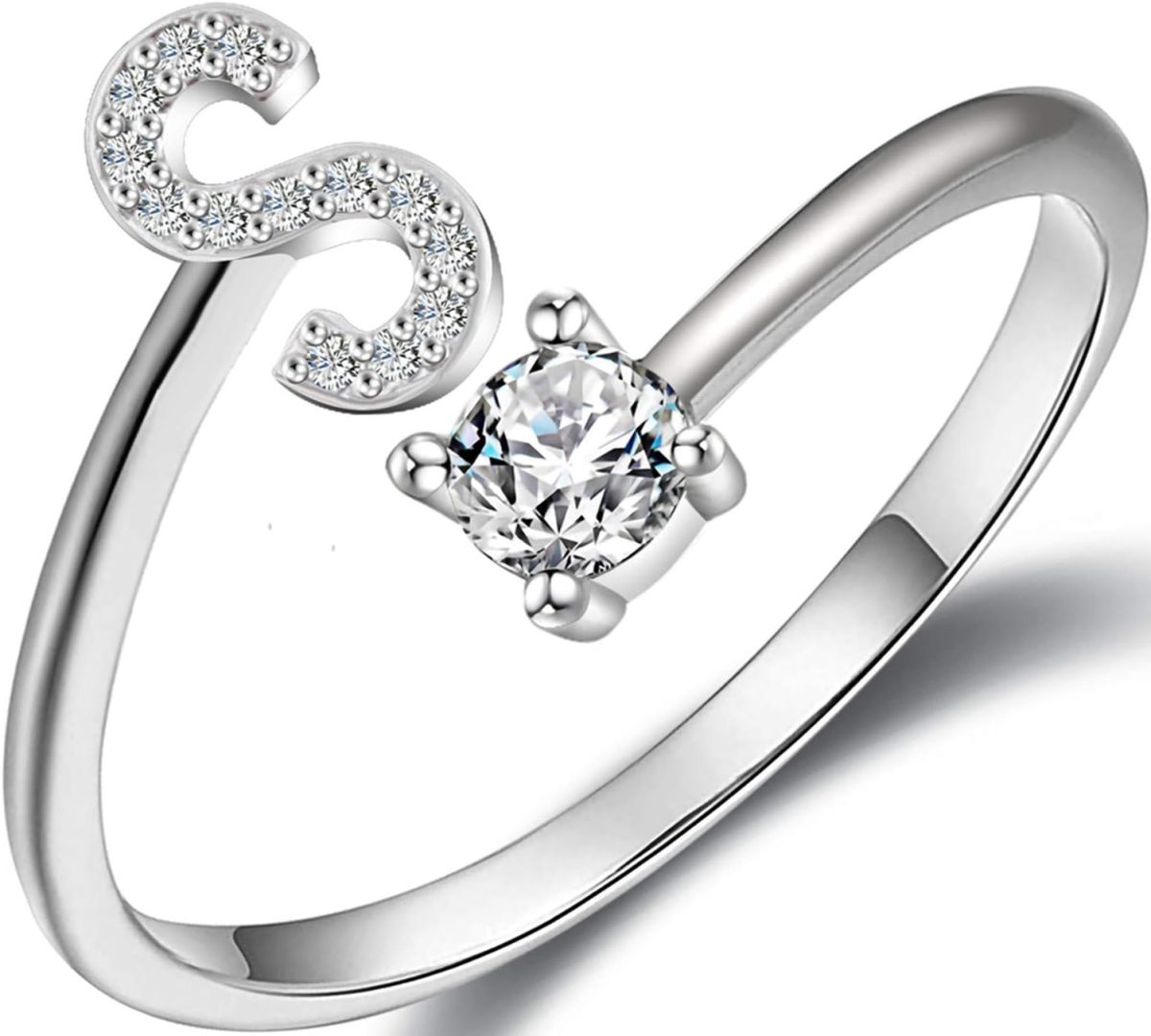 Haoze Initial Letter Ring for Women Silver Stackable Alphabet Rings with Initial Adjustable Crystal Inlaid Initial Rings Bridesmaid Gift