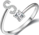 Haoze Initial Letter Ring for Women Silver Stackable Alphabet Rings with Initial Adjustable Crystal Inlaid Initial Rings Bridesmaid Gift