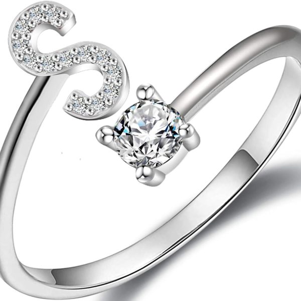 Haoze Initial Letter Ring for Women Silver Stackable Alphabet Rings with Initial Adjustable Crystal Inlaid Initial Rings Bridesmaid Gift