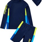 طقم ملابس سباحة للاولاد بعامل حماية من الاشعة فوق البنفسجية بعامل حماية من الاشعة فوق البنفسجية 50+، قطعتين للحماية من الطفح الجلدي مع قبعة للاطفال من سن 4-14 سنة