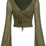 تي شيرت نسائي قصير برقبة على شكل حرف V واكمام طويلة ورباط امامي من جورجليتر