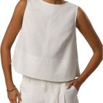 بلوزة بدون اكمام من الكتان بقبة دائرية بدون اكمام للنساء من جورجليتر، بلوزة فضفاضة للمكتب والعمل