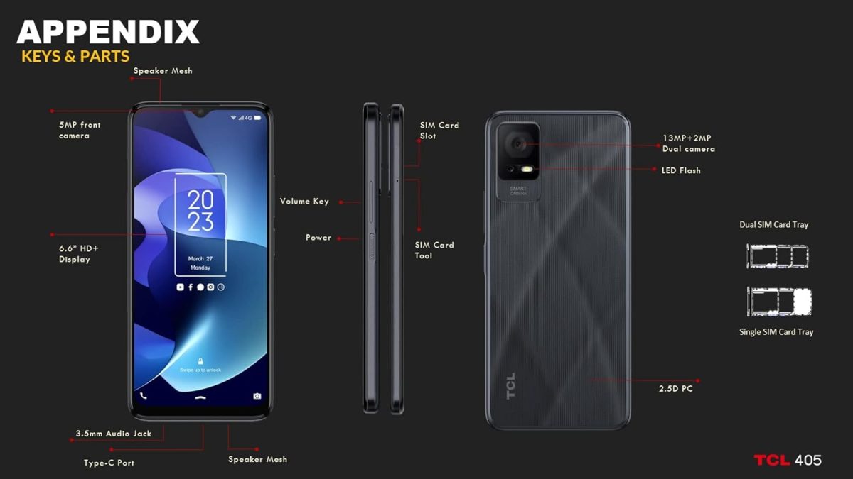 ⁦TCL هاتف ذكي 405، ذاكرة 32 جيجابايت بالإضافة إلى ذاكرة رام 2 جيجابايت، شاشة 6.6 بوصة 5000 مللي امبير في الساعة - رمادي داكن⁩ - الصورة ⁦2⁩