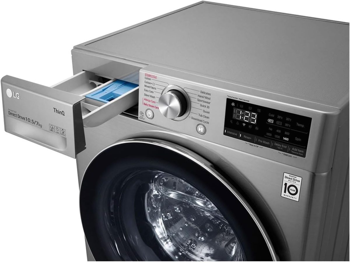 ⁦LG غسالة تجفيف بتحميل امامي 10 كجم و7 كجم تجفيف 1400 دورة في الدقيقة، فضي - F4V5Rgp2T 'ضمان لمدة عام واحد على الاقل'⁩ - الصورة ⁦7⁩