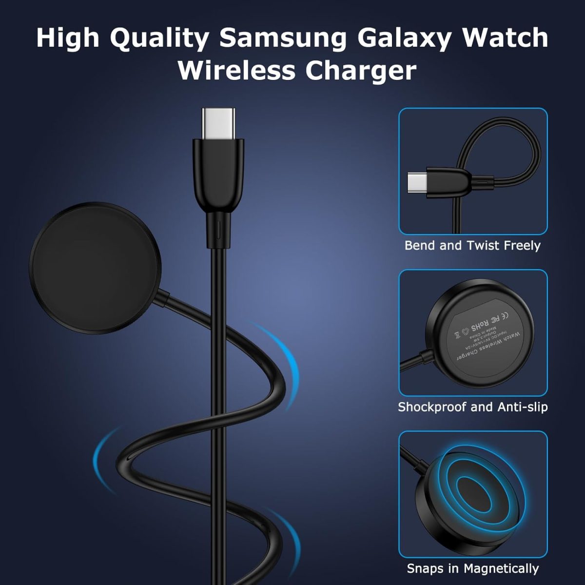 ⁦شاحن ساعة سامسونج بمنفذ USB C للشحن السريع لساعة سامسونج جالكسي 8/8 كلاسيك/7/6 كلاسيك/6/5 برو/5/4/4 كلاسيك/3/اكتيف 2/اكتيف 1، قاعدة شحن لاسلكية مغناطيسية مع سلك كابل من النوع C بطول 3 قدم⁩ - الصورة ⁦6⁩