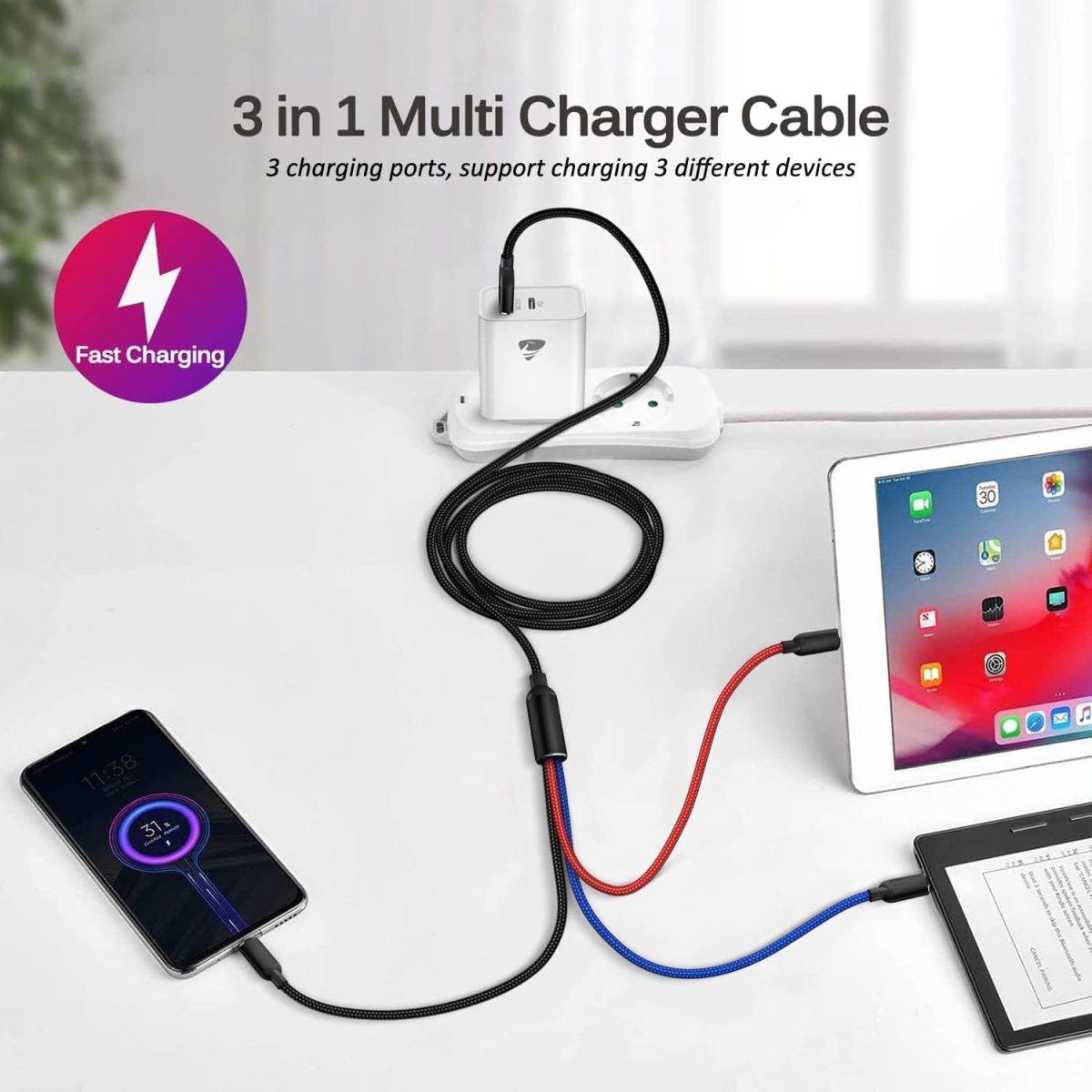 ⁦كيبل USB 3 في 1 متعدد الشحن بتصنيف IP لمقاومة المياه والغبار من ايونيس، كيبل مايكرو USB، سلك شحن سريع متوافق مع ايفون 13 12 11 جالكسي اس 20 اس 10 اس 9 اس 8 اس 7 مايكرو يو اس بي اندرويد⁩ - الصورة ⁦3⁩