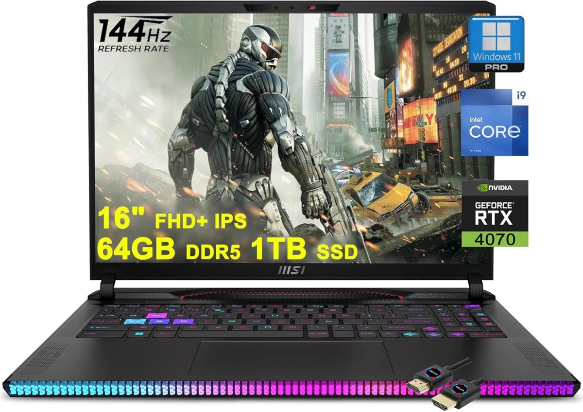 MSI لابتوب العاب GE68HX من رايدر، شاشة 16 انش FHD+ IPS 144Hz ومعالج انتل 24 كور i9-14900HX و64GB DDR5 و1TB SSD وبطاقة جيفورس RTX 4070 واضاءة خلفية RGB وثاندربولت 4 ديناوديو وكاميرا خصوصية FHD بالاشعة