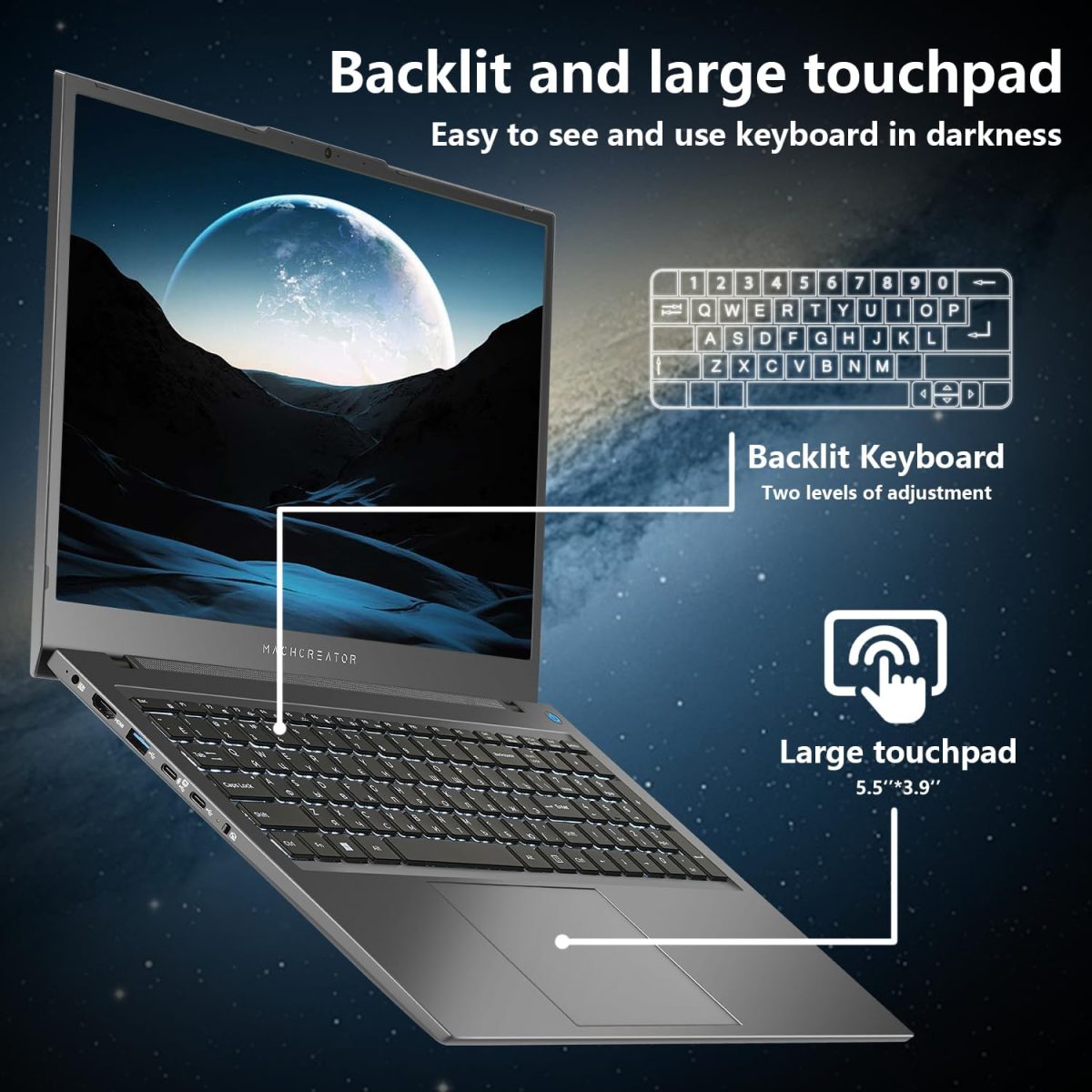 ⁦لابتوب ماشنايك 17.3 انش، معالج انتل، 16GB DDR5 RAM، 1TB SSD، كيبورد باضاءة خلفية، شاشة كبيرة مع معدل تحديث 120Hz، مثالي للعمل والمدرسة والبث المباشر، ويندوز 11 هوم، رمادي عصري⁩ - الصورة ⁦3⁩