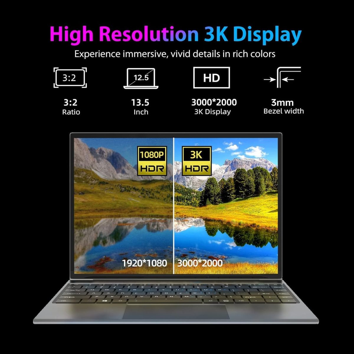 ⁦لابتوب ويندوز 11 بشاشة 13.5 انش بنتيوم J3710 رباعي النواة، ذاكرة RAM 4GB + SSD 128GB، نوت بوك رفيع وخفيف، لوحة 3000×2000 3K، واي فاي 5G + AC، هيكل معدني، كيبورد باضاءة خلفية، بصمة اصبع، WPS، HDMI، نوع⁩ - الصورة ⁦5⁩