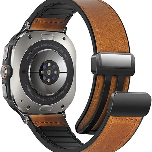 UMK Magnetic Leather Watch Band Compatible With Galaxy Watch Ultra 47mm (2024) Magnetic Buckle Design Adjustable Classic Wristbands Accessories Replacement Straps With Men and Women