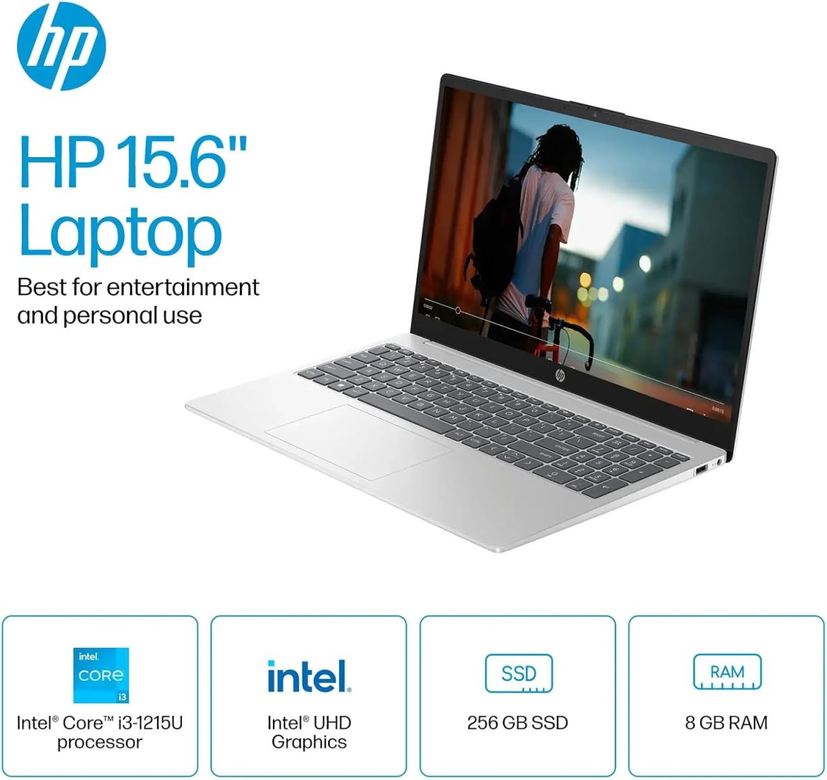 ⁦HP لابتوب بشاشة لمس HD 15.6 انش ومعالج انتل كور i3-1215U سداسي النواة الجيل 12 وذاكرة RAM 16GB وSSD 512GB وبطاقة عرض مرئي lntel UHD وواي فاي 6E وبلوتوث وويندوز 11 S، فضي طبيعي، اكسسوارات ماوس⁩ - الصورة ⁦2⁩