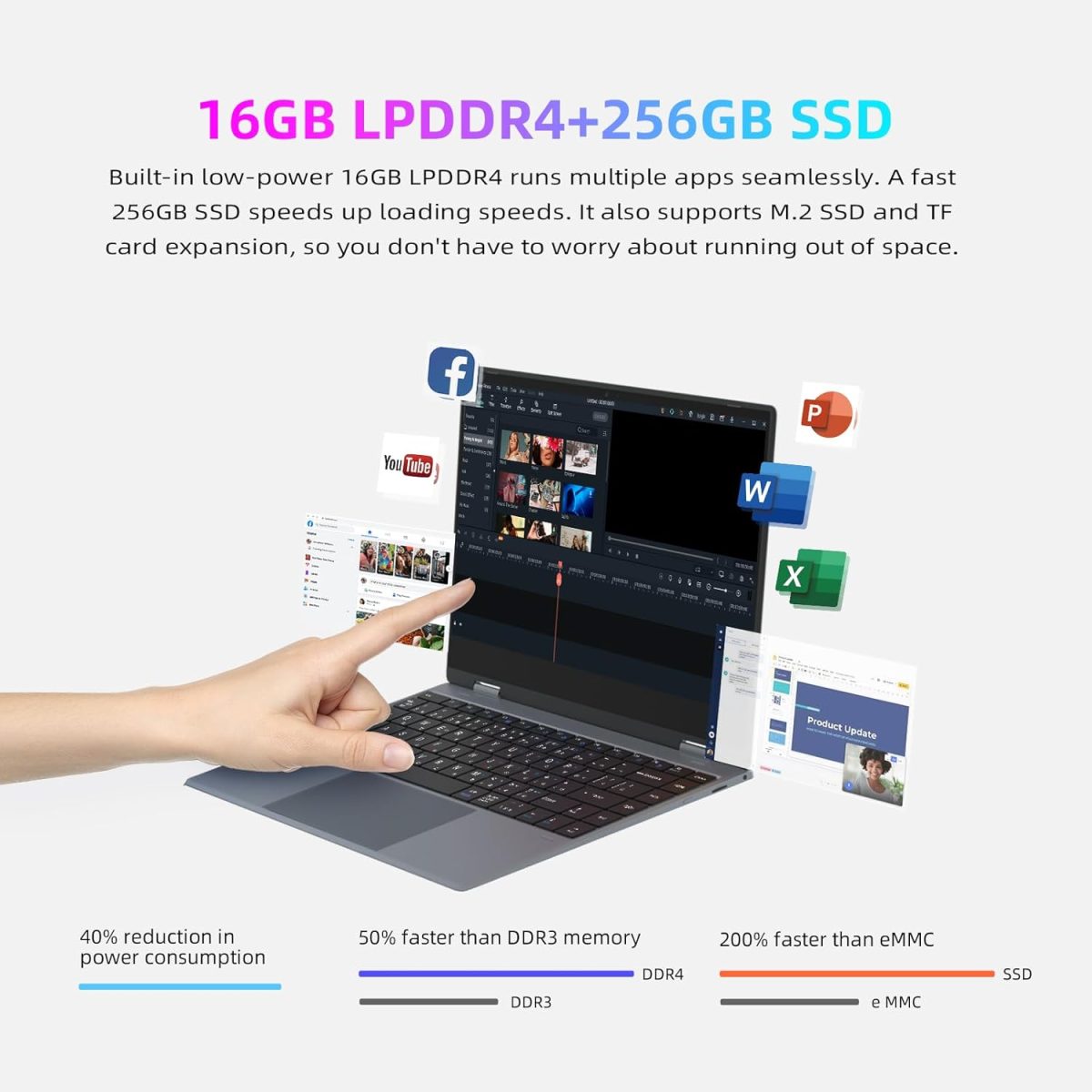 ⁦Morostron Touchscreen Laptop 13.3 Inch Notebook 2 in 1.16G RAM 256G SSD, Intel Celeron N5100 Quad Core, FHD IPS Panel, WiFi, Bluetooth 4.2, Full Metal⁩ - الصورة ⁦3⁩