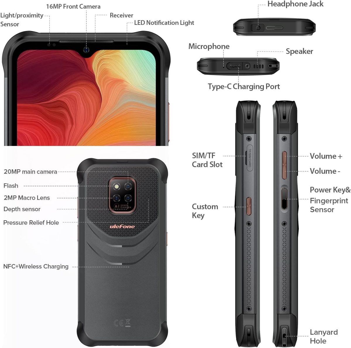 ⁦يوليفون جوال باور ارمور 14 برو، 10000mAh، ذاكرة RAM 8GB وروم 128GB، شحن لاسلكي، اندرويد 12، شريحة اتصال 4G، مقاوم للماء IP68/69K، التعرف على الوجه+بصمة ان اف سي، اصدار المملكة المتحدة⁩ - الصورة ⁦2⁩