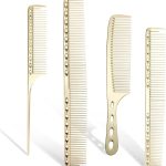 مجموعة امشاط شعر من الالومنيوم - امشاط تصفيف احترافية للقص والتزيين، تتضمن مقبض ومشط ذيل 4 قطع (ذهبي)