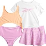 ريبوك طقم بدلة سباحة للبنات - 3 قطع من تي شيرت سريع الجفاف وتنورة مع بدلة سباحة مونوكيني مفرغة من قطعة واحدة - طقم ملابس سباحة