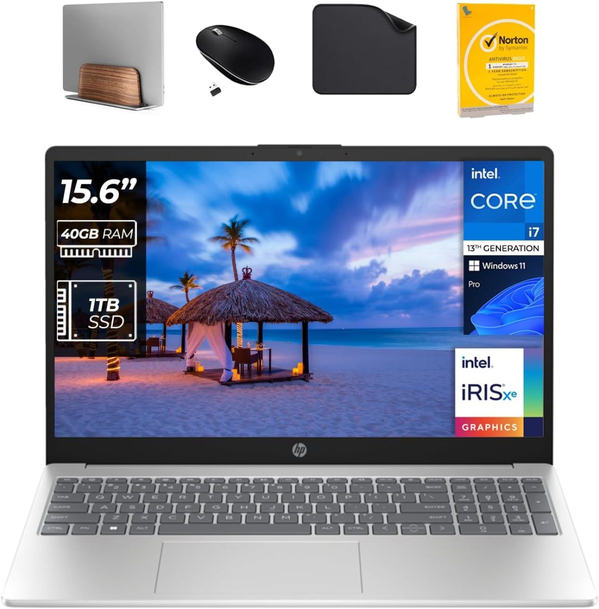 HP لابتوب للاعمال بشاشة 15.6 انش ومعالج انتل i7-1355U الجيل 13 وبطاقة عرض مرئي ايريس اكس وذاكرة RAM DDR4 40GB وSSD 1TB وويندوز 11 برو وكاميرا ويب HD 720p (يتضمن حامل لابتوب الموجة الاولى + ماوس + مضاد
