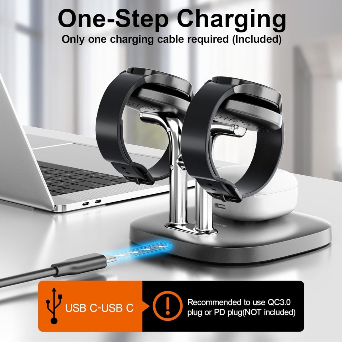 ⁦SwanScout Dual Watch Charger, SwanScout 704S, 3 in 1 Wireless Charging Station for Samsung Galaxy Watch 8 Classic/8/Ultra/7/6/6 Classic/5 Pro/5/4/3/Active 2, for Galaxy Buds 3 Pro/3/2 Pro⁩ - الصورة ⁦3⁩