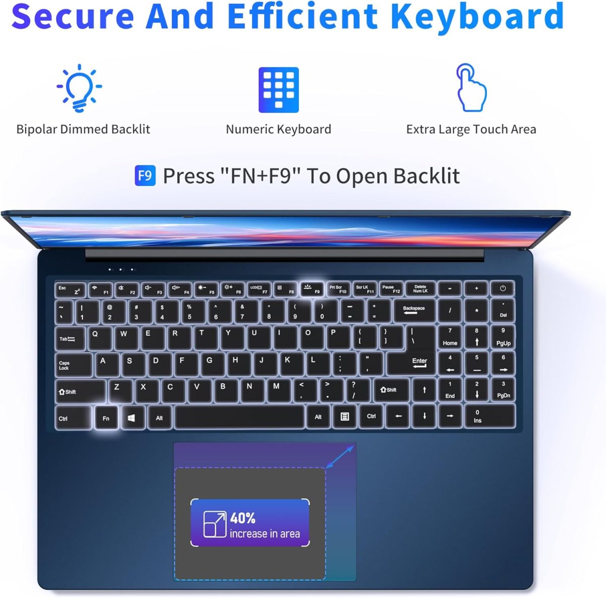 ⁦لابتوب العاب 16 انش 2025، 16GB RAM 1TB SSD، معالج N150 (حتى 3.6GHz)، FHD 1920×1200، فتح 180 درجة، اضاءة خلفية، BT4 WIFI5، ويندوز 11 برو، 6000mAh/46.2Wh، كحلي⁩ - الصورة ⁦5⁩
