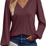 اوتوميت تي شيرت نسائي باكمام طويلة وقبة V، بلايز رسمية كاجوال انيقة لخريف 2025، ملابس شتوية عصرية