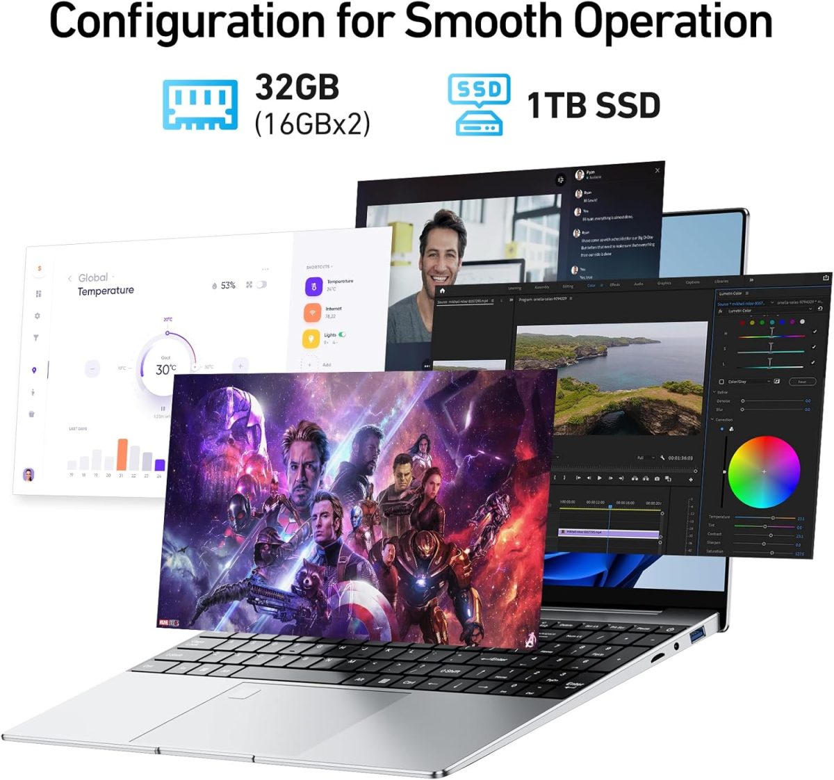 ⁦لابتوب انبكوير 2025 الاحدث ويندوز 11 15.6 انش، 1TB SSD، ذاكرة RAM ثنائية القناة 32GB، معالج رباعي النواة (بحد اقصى 2.9GHz)، شاشة FHD 1080P، كيبورد باضاءة خلفية، بصمة اصبع، كاميرا ويب، ميني HDMI، WiFi5⁩ - الصورة ⁦2⁩