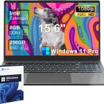 لابتوب 2025 بشاشة 15.6 انش FHD 1920×1080 لطلاب الجامعات والاعمال، 8GB DDR4 RAM 256GB SSD، انتل سيليرون ثنائي النواة، USB 3.2، كيبورد رقمية، ويندوز 11 برو، نحيف محمول، رمادي