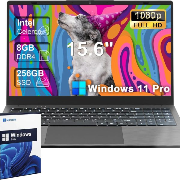 لابتوب 2025 بشاشة 15.6 انش FHD 1920×1080 لطلاب الجامعات والاعمال، 8GB DDR4 RAM 256GB SSD، انتل سيليرون ثنائي النواة، USB 3.2، كيبورد رقمية، ويندوز 11 برو، نحيف محمول، رمادي