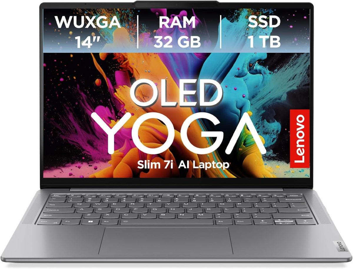 لينوفو لابتوب يوجا سليم 7i AI بشاشة 14 انش WUXGA 1920 × 1200 OLED ومعالج انتل كور الترا 7 وذاكرة RAM 32GB وSSD 1TB وبطاقة رسومات انتل ارك وويندوز 11 هوم وكويرتز، لونا جراي، عناية ممتازة لمدة 3 اشهر