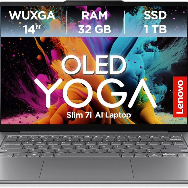 لينوفو لابتوب يوجا سليم 7i AI بشاشة 14 انش WUXGA 1920 × 1200 OLED ومعالج انتل كور الترا 7 وذاكرة RAM 32GB وSSD 1TB وبطاقة رسومات انتل ارك وويندوز 11 هوم وكويرتز، لونا جراي، عناية ممتازة لمدة 3 اشهر