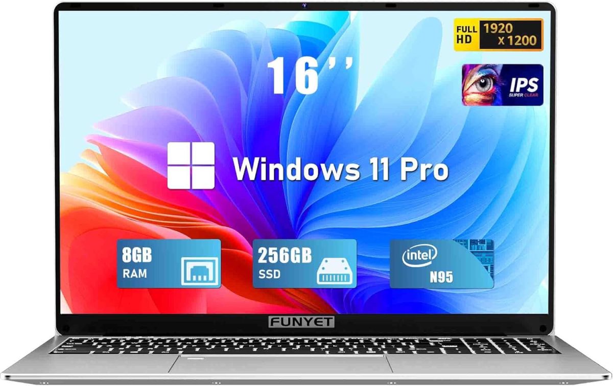 لابتوب العاب 16 انش من فونيت، لابتوب 2025 ويندوز 11 برو، 8GB RAM 256GB SSD، معالج انتل الجيل 12 N95 (حتى 3.4GHz)، كيبورد باضاءة خلفية، فتح بصمة الاصبع، FHD 1920×1200