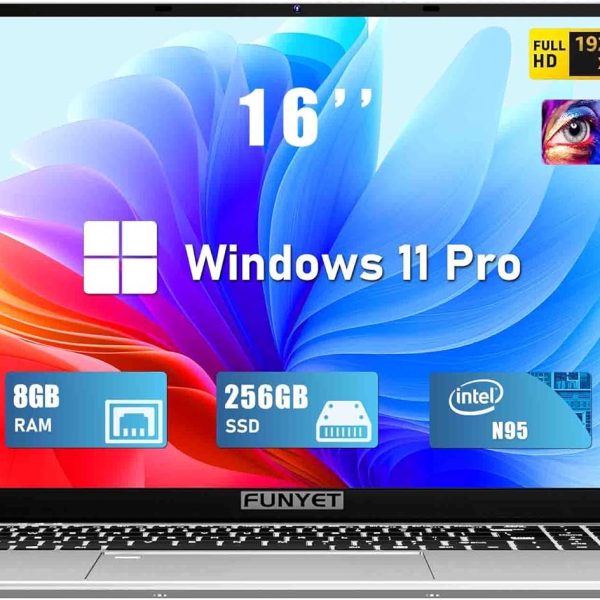 لابتوب العاب 16 انش من فونيت، لابتوب 2025 ويندوز 11 برو، 8GB RAM 256GB SSD، معالج انتل الجيل 12 N95 (حتى 3.4GHz)، كيبورد باضاءة خلفية، فتح بصمة الاصبع، FHD 1920×1200