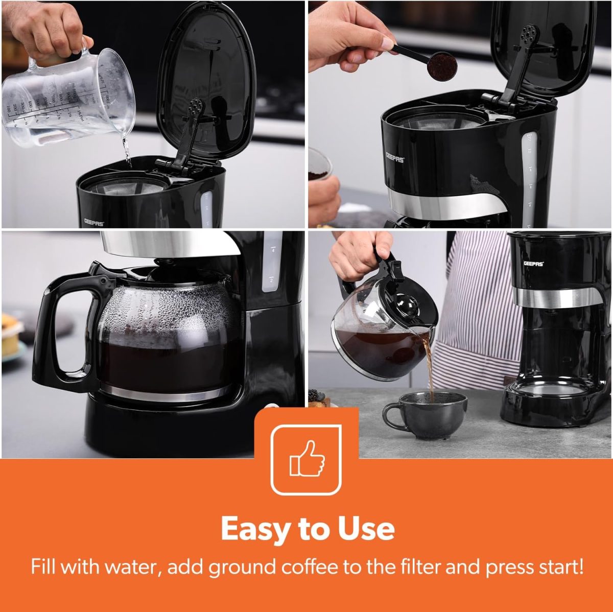 ⁦Geepas-Coffee Maker, 1.5L Filter Coffee Machine, GCM6103 | High Temperature Glass Carafe | Keep Warm & Anti-Drip Function | Reusable Filter | On/Off Switch with Indicator Light⁩ - الصورة ⁦6⁩