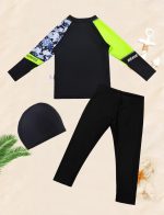 ⁦Happy Cherry Boys Three Piece Rash Guard Swimsuits with Hat Kids Long Sleeve Sunsuit Swimwear Sun Protection Bathing Suit⁩ - الصورة ⁦2⁩
