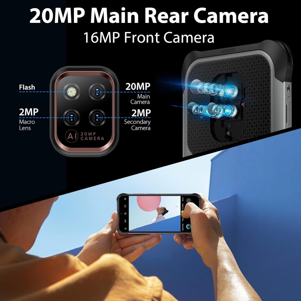 ⁦يوليفون جوال باور ارمور 14 برو، 10000mAh، ذاكرة RAM 8GB وروم 128GB، شحن لاسلكي، اندرويد 12، شريحة اتصال 4G، مقاوم للماء IP68/69K، التعرف على الوجه+بصمة ان اف سي، اصدار المملكة المتحدة⁩ - الصورة ⁦7⁩