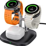 SwanScout Dual Watch Charger, SwanScout 704S, 3 in 1 Wireless Charging Station for Samsung Galaxy Watch 8 Classic/8/Ultra/7/6/6 Classic/5 Pro/5/4/3/Active 2, for Galaxy Buds 3 Pro/3/2 Pro
