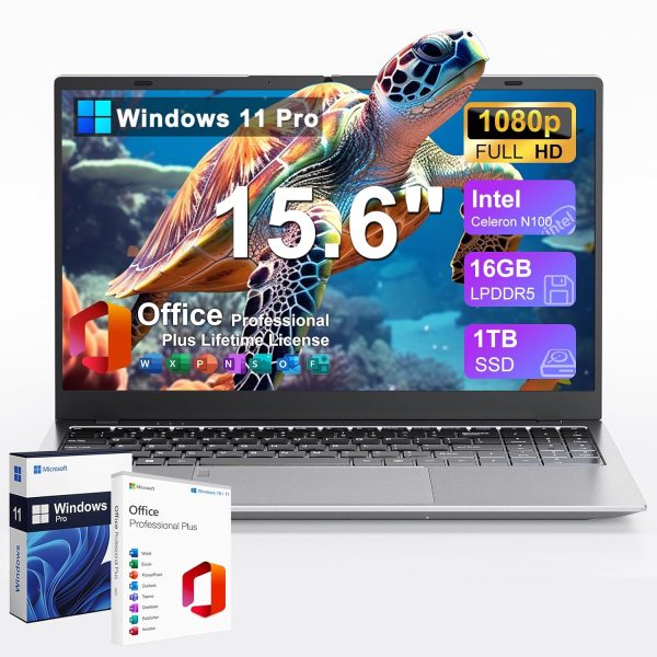 لابتوب جينا 15 15.6 انش FHD، ويندوز 11 برو للطلاب، انتل رباعي النواة N100، 16GB DDR5 RAM، 1TB SSD، مايكروسوفت اوفيس مجاني، بصمة اصبع، كيبورد رقمية، نوع C، HDMI، USB 3.2، ضمان لمدة عامين