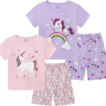 طقم بيجامات صيفية من القطن باكمام قصيرة للبنات الصغيرات بتصميم يونيكورن للاطفال من عمر 3-8 سنوات - 4 قطع