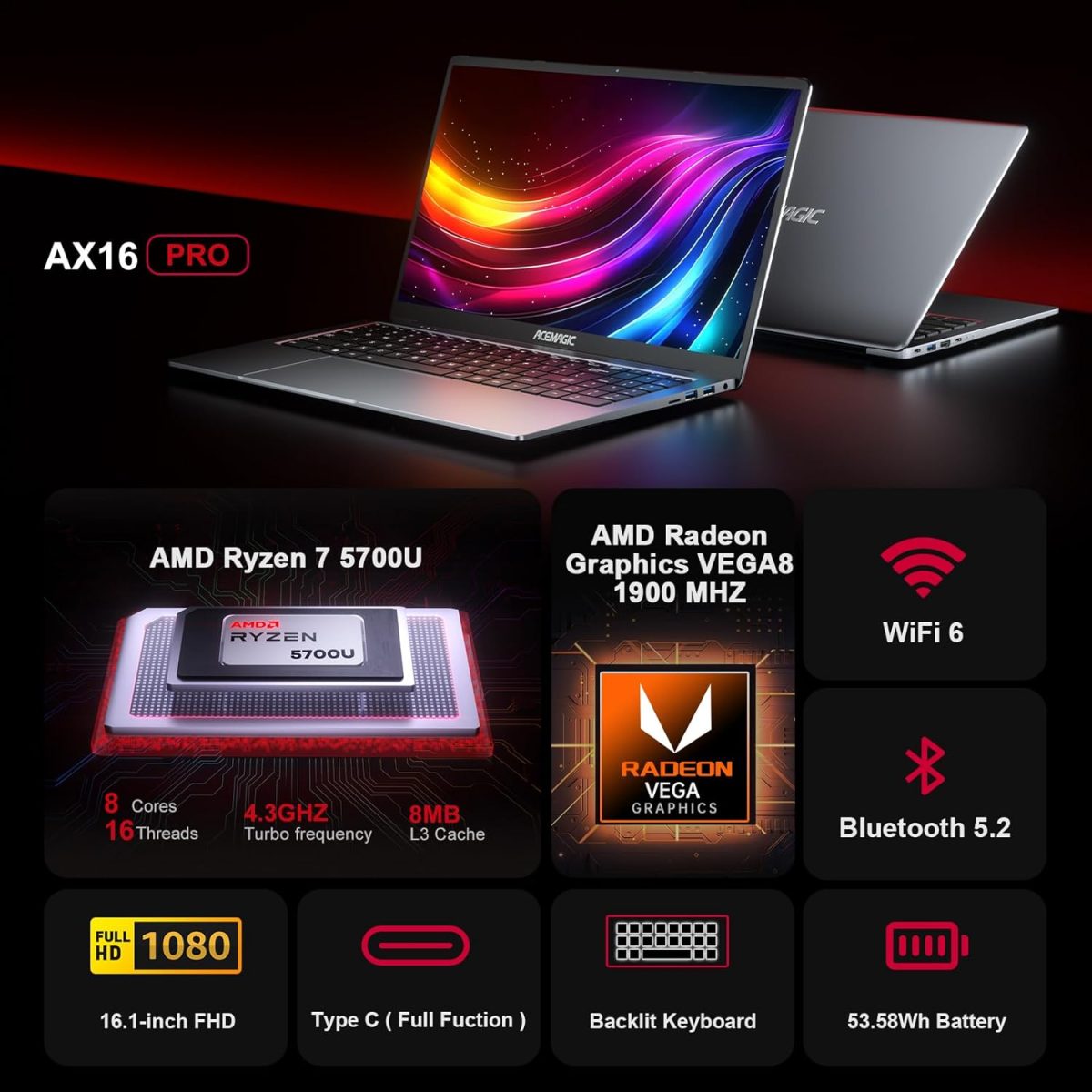 ⁦لابتوب العاب من ايس ماجيك مع حافظة معدنية واضاءة خلفية AMD رايزن 7 5700U (8C/16T حتى 4.3GHz) لنوت بوك الالعاب، 16.1 انش FHD، 16GB DDR4.512GB M.2 SSD، واي فاي 6، BT5.2، HDMI (رمادي)⁩ - الصورة ⁦2⁩