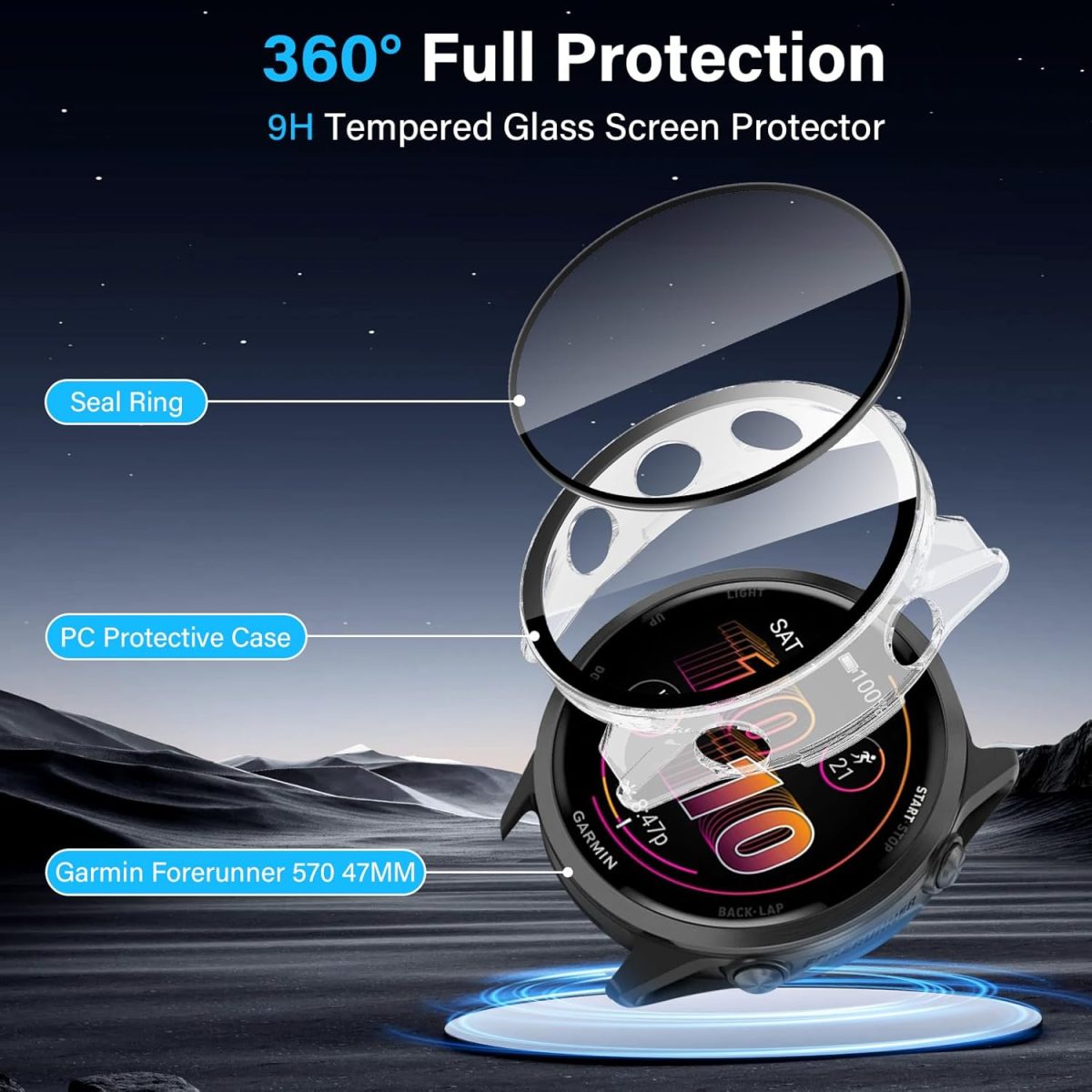 ⁦Haofun 2 Pieces Cover for Garmin Forerunner 570 47 mm/Forerunner 970 with 9H HD Ultra Tempered Glass Screen Protector, PC Protective Case, Full Protection – Black + Transparent⁩ - الصورة ⁦3⁩