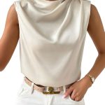 بلوزة حريرية حريرية برقبة مرتفعة مكشكشة بدون اكمام وسحاب للنساء من جورجليتر