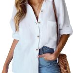هوتاتش قميص كاجوال للنساء من القطن بازرار امامية واكمام طويلة وقصة فضفاضة وقبة من الكتان مع جيب