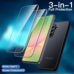 ⁦جيتك جراب 3 في 1 غير لامع لموبايل سامسونج جالاكسي A56 شبكة الجيل الخامس 5G مع قطعتين من واقي الشاشة من الزجاج المقوى، غطاء جوال شفاف مقاوم للصدمات مع حماية للكاميرا (اسود)⁩ - الصورة ⁦3⁩