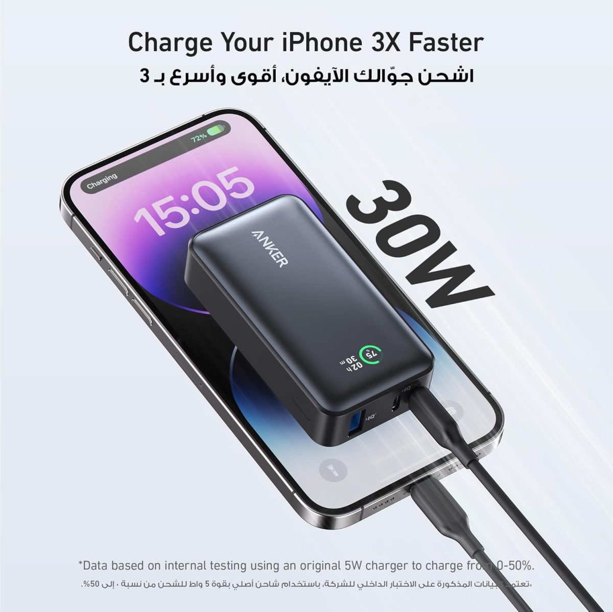 ⁦بطارية Anker، شاحن محمول Power IQ 3.0، مخرج PD 30W Max (PowerCore 30W)، حزمة 10,000 ميللي أمبير في الساعة، تتوافق مع iPhone 15/15 Plus/15 Pro/15 Pro Max وMacBook وDell وMicrosoft Surface والمزيد.⁩ - الصورة ⁦2⁩