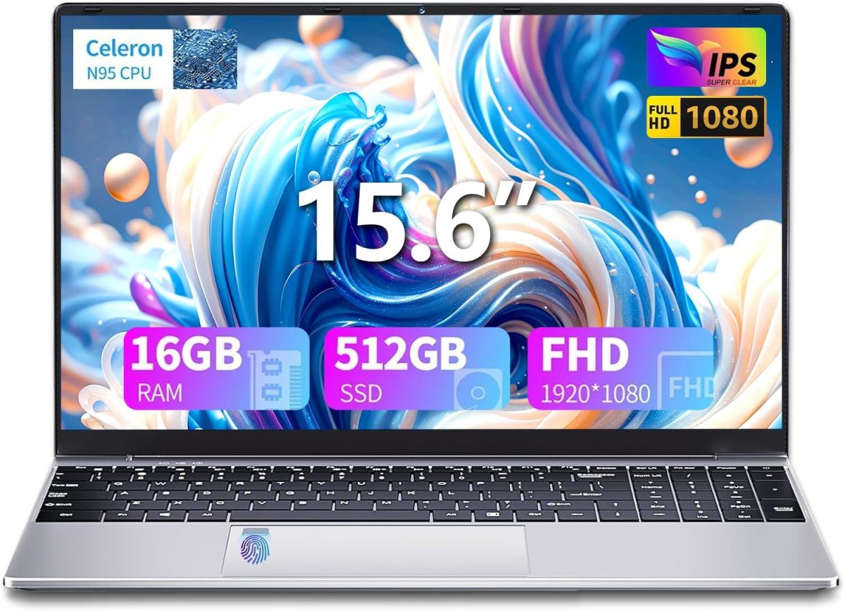 لابتوب للالعاب بشاشة 15.6 انش وذاكرة RAM 16GB وSSD 512GB ومعالج N95 (حتى 3.4GHz)، FHD IPS 1920×1080، يدعم فتح 180 زاوية وكيبورد باضاءة خلفية وفتح بصمة الاصبع