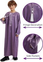 ⁦سيور ثوب عربي باكمام طويلة للاولاد، رداء اسلامي، عباية قفطان، ثوب مطرز بتصميم شرق اوسطي مع جيوب⁩ - الصورة ⁦5⁩
