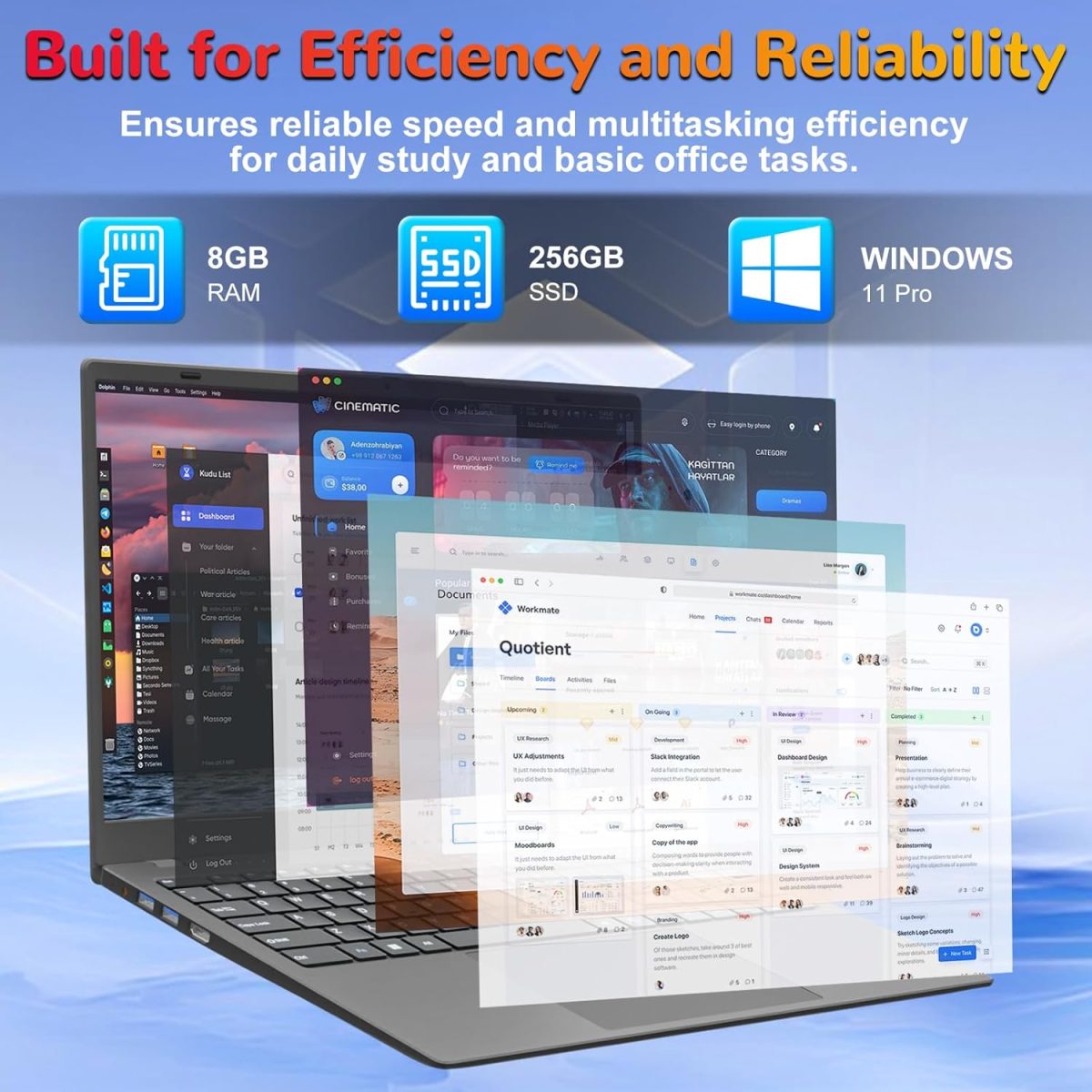 ⁦لابتوب 2025 بشاشة 15.6 انش FHD 1920×1080 لطلاب الجامعات والاعمال، 8GB DDR4 RAM 256GB SSD، انتل سيليرون ثنائي النواة، USB 3.2، كيبورد رقمية، ويندوز 11 برو، نحيف محمول، رمادي⁩ - الصورة ⁦4⁩