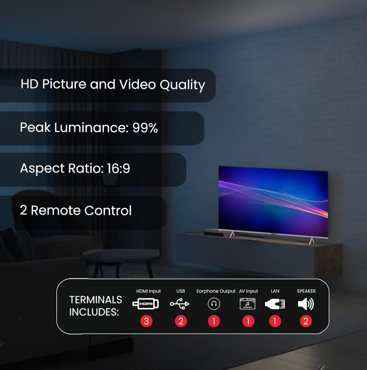 ⁦نوبل تلفزيون LED ذكي 75 بوصة 4K UHD بدون اطار مع اندرويد 13 وHDR ومنافذ HDMI وUSB وشبكة محلية LAN ومدخل محوري ومكبرات صوت مدمجة وواي فاي وDLED فائق النحافة للبث UHD75VIDS، اسود⁩ - الصورة ⁦5⁩