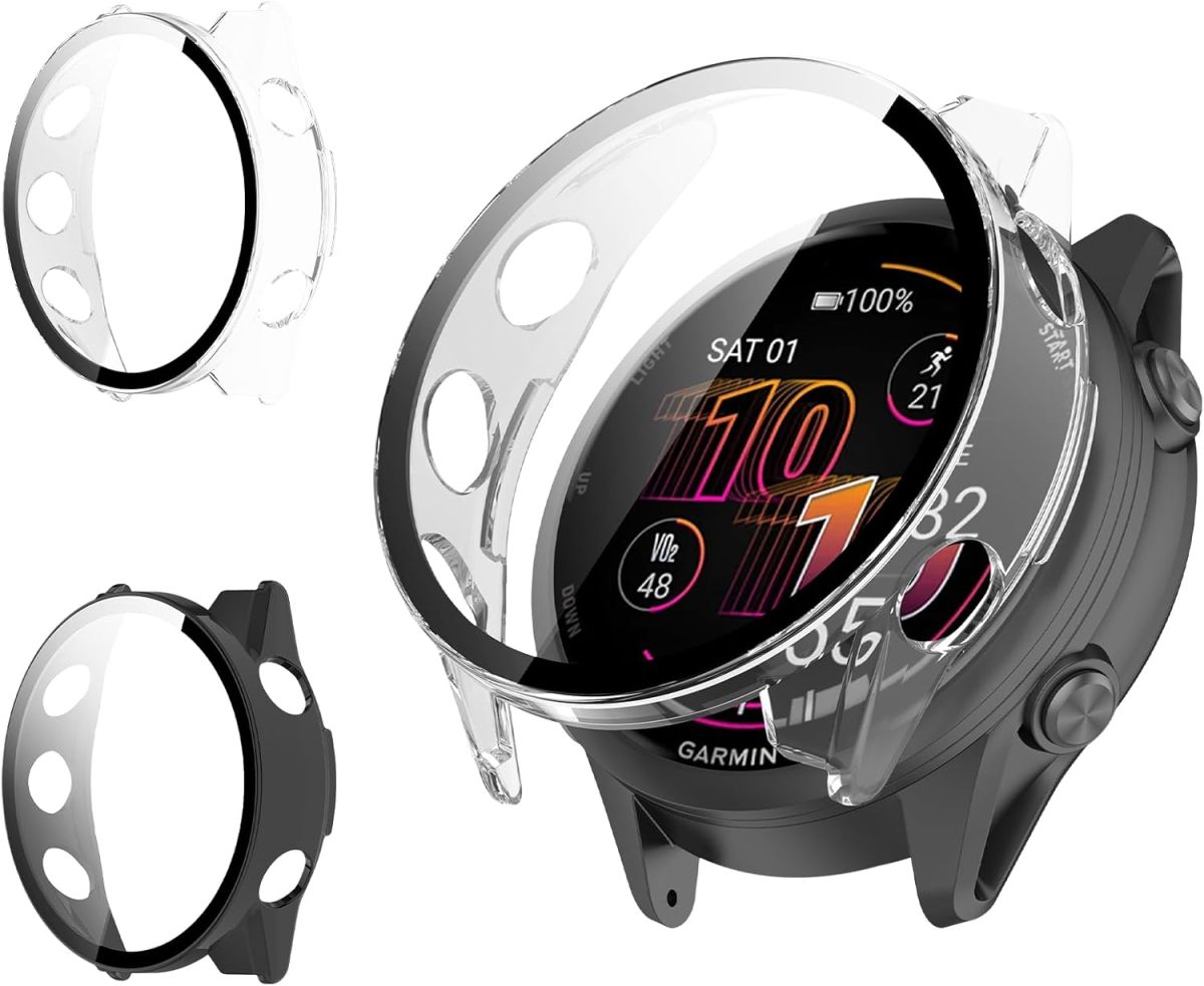 Haofun 2 Pieces Cover for Garmin Forerunner 570 47 mm/Forerunner 970 with 9H HD Ultra Tempered Glass Screen Protector, PC Protective Case, Full Protection – Black + Transparent