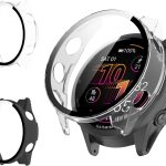 Haofun 2 Pieces Cover for Garmin Forerunner 570 47 mm/Forerunner 970 with 9H HD Ultra Tempered Glass Screen Protector, PC Protective Case, Full Protection – Black + Transparent