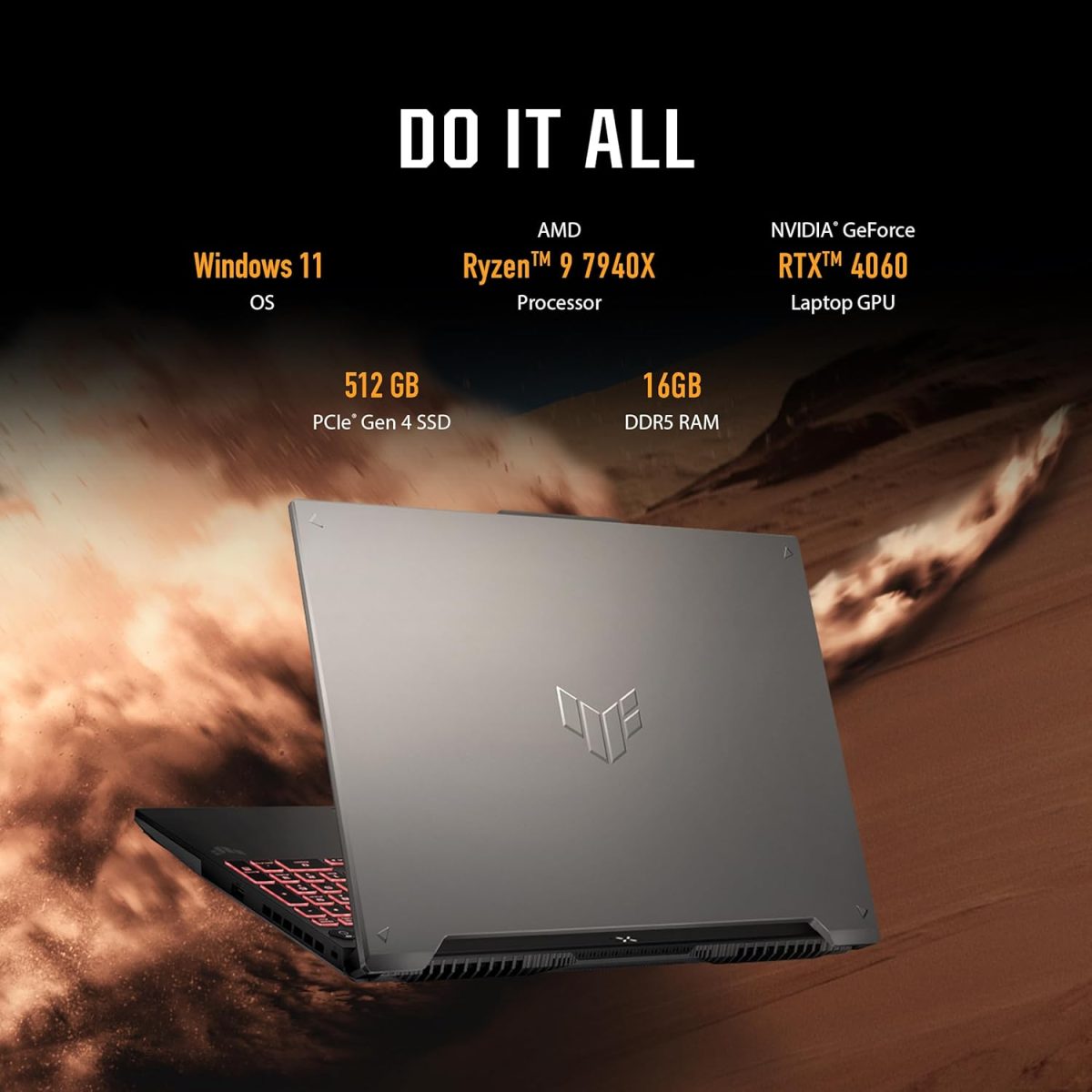 ⁦اسس لابتوب العاب تي يو اف A16 بشاشة 16 انش FHD+ 16:10 165Hz ومعالج AMD رايزن 9 7940HX، انفيديا جيفورس RTX™ 4060، 16GB DDR5، 512GB PCIe الجيل الرابع SSD، واي فاي 6، ويندوز 11، FA607PV-AS93⁩ - الصورة ⁦2⁩